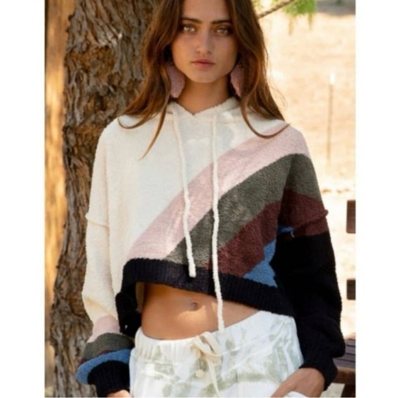 POL cropped berber drawstring hoodie colorblock Teddy bear soft Medium - Picture 1 of 8